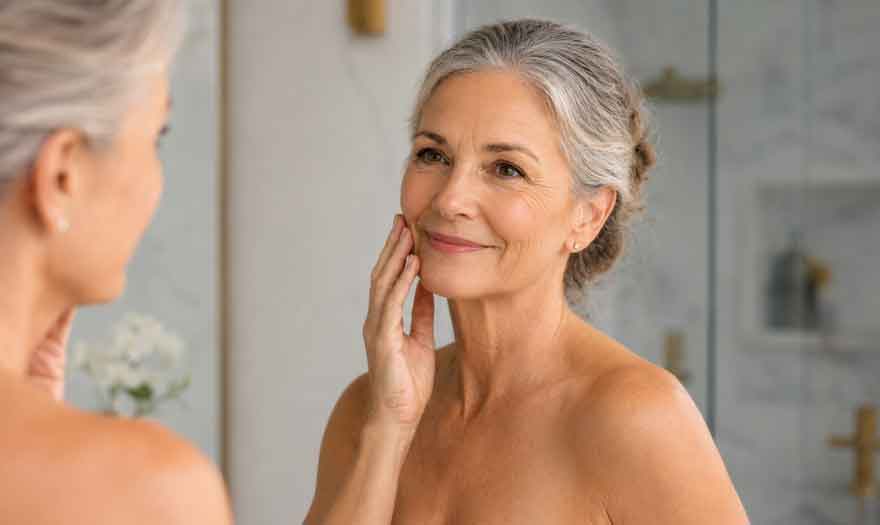 Woman admiring clear even-toned facial skin in mirror after using a face dark spot remover