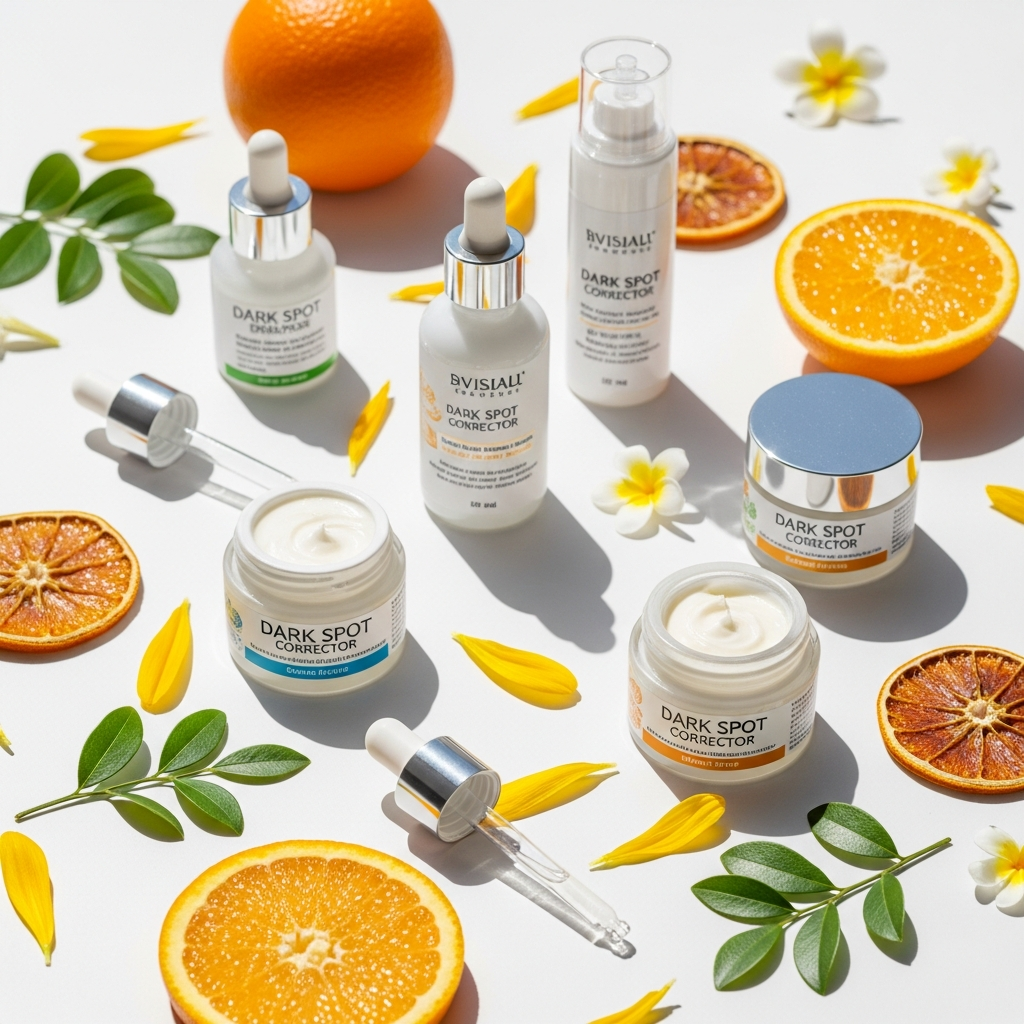 Dark spot corrector serums and creams with vitamin C and botanical ingredients on white surface