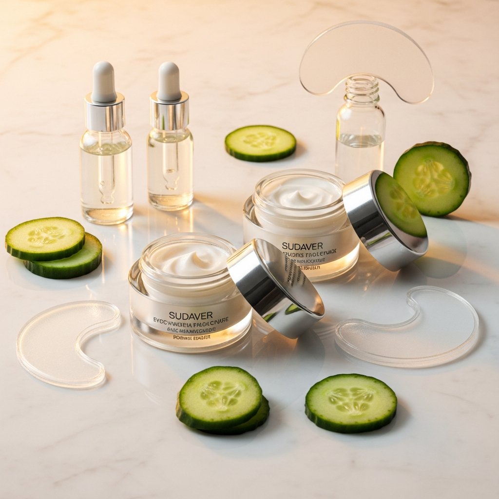 Luxury eye cream jars and serums with cooling patches on marble surface for treating puffy eyes and dark circles
