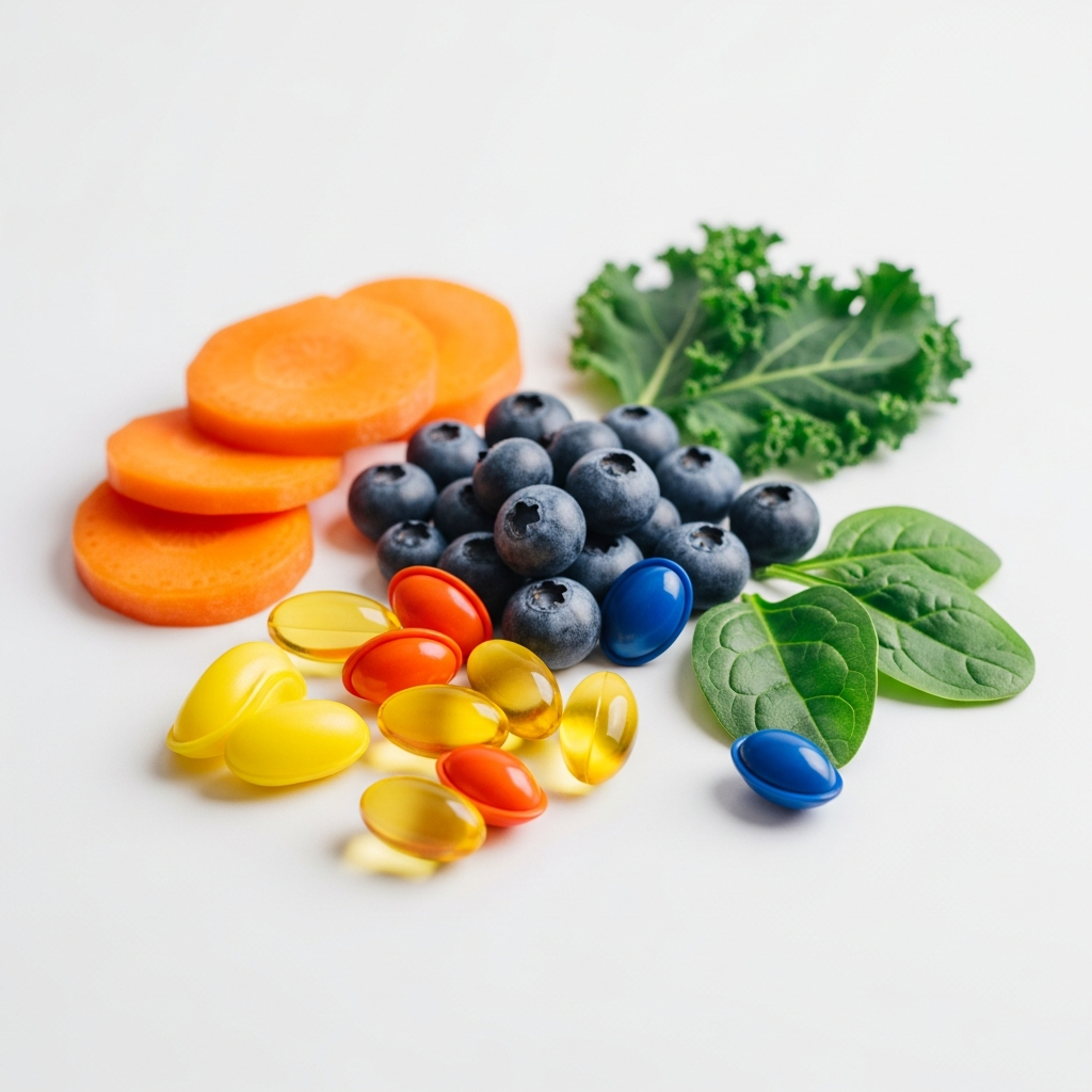 Eye health vitamins and supplements with fresh blueberries carrots and leafy greens