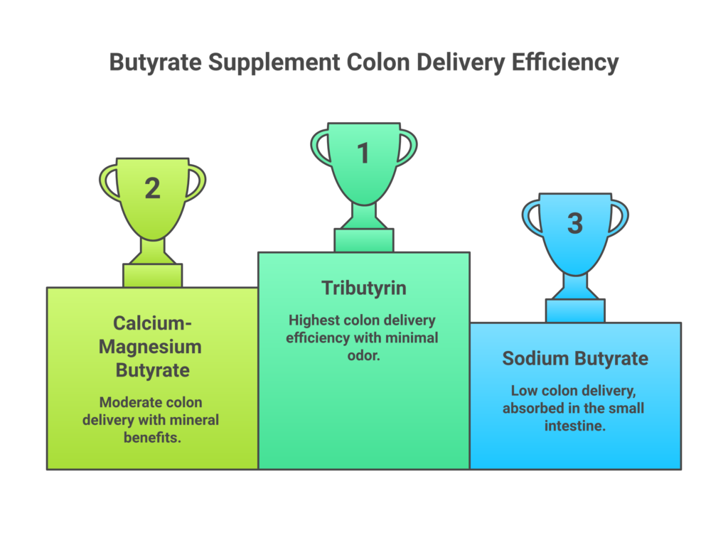 Comparison chart of three butyrate supplement forms showing tributyrin, sodium butyrate, and calcium-magnesium butyrate with delivery rates and dosages