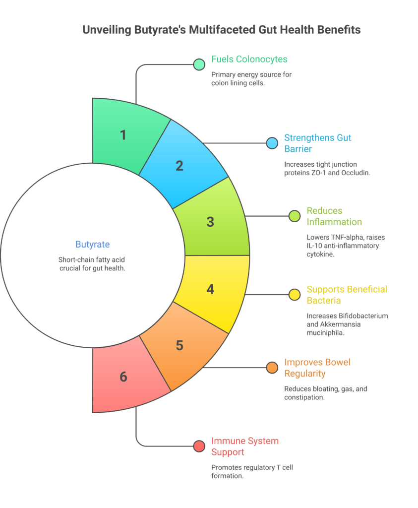 Six key benefits of butyrate for gut health including fueling colonocytes and strengthening the gut barrier