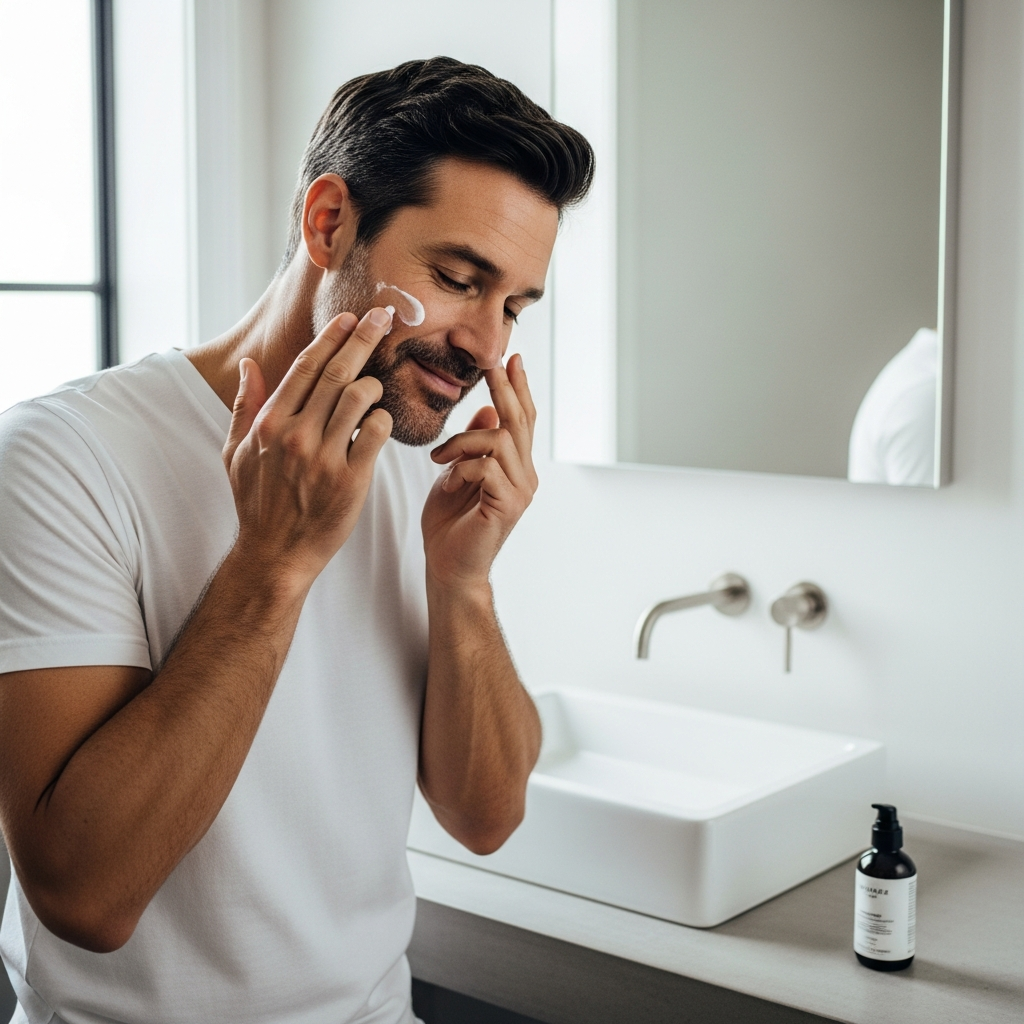 Man applying anti-aging face cream in modern grooming photography