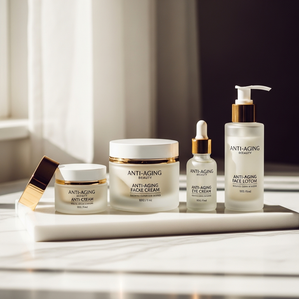 Selection of anti-wrinkle creams and serums on marble surface