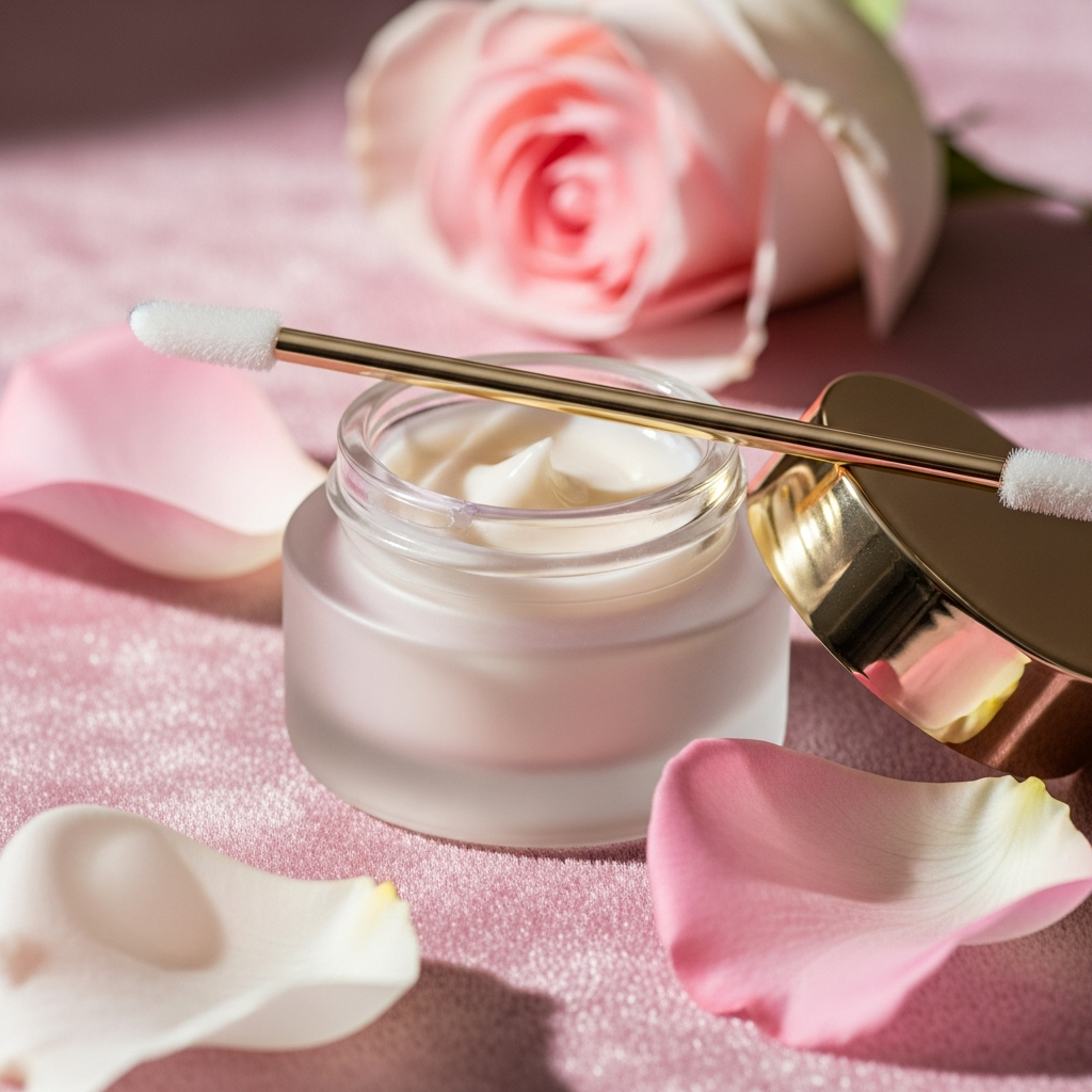 Luxury eye cream jar with delicate applicator in soft beauty photography