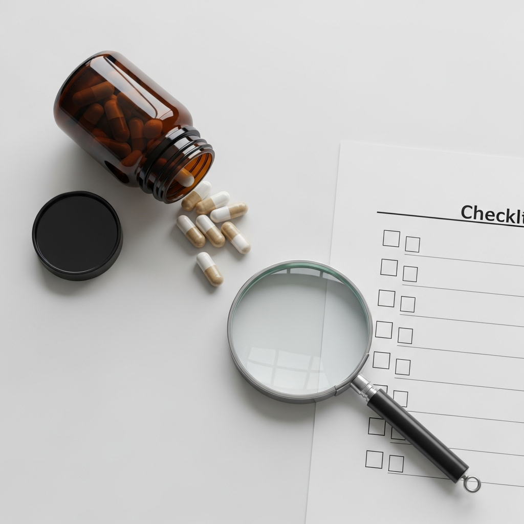 Emma Relief Review: Does Dr. Gina Sam's Gut Supplement Work? Supplement capsules spilling from bottle next to magnifying glass and checklist on white desk for gut health supplement review