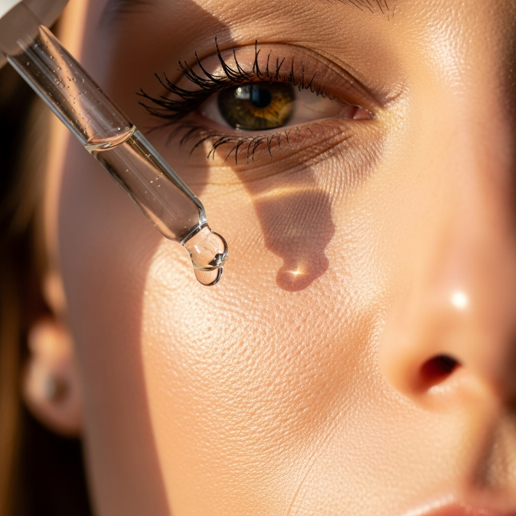 Woman applying anti-aging serum with glass dropper in close-up beauty shot