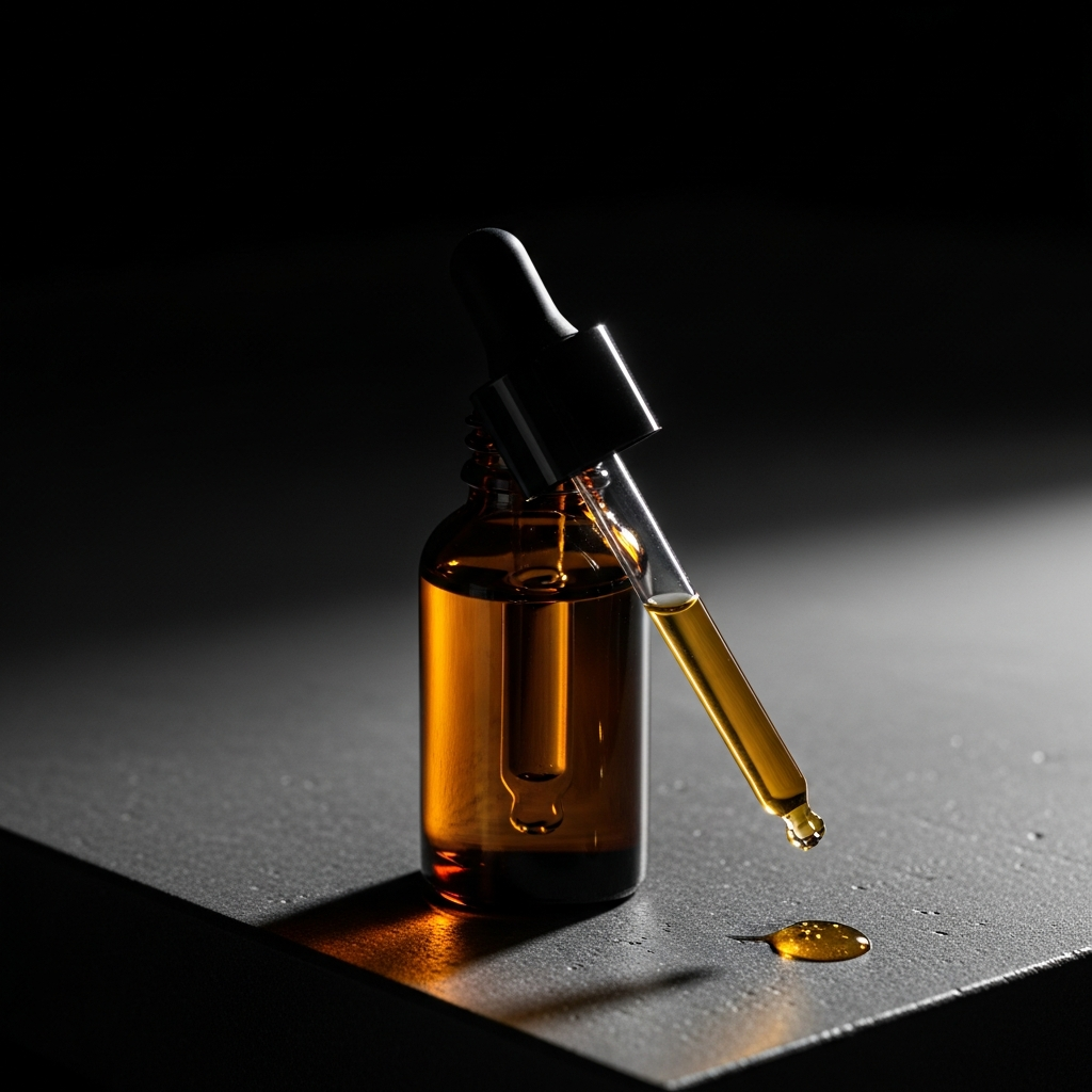 Amber retinol serum dropper bottle with golden liquid on dark surface