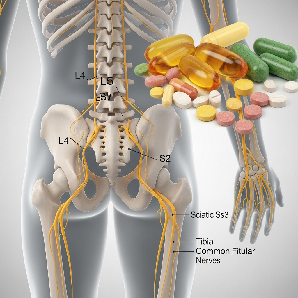 Anatomical illustration of the sciatic nerve pathway from spine to leg with vitamin and supplement capsules