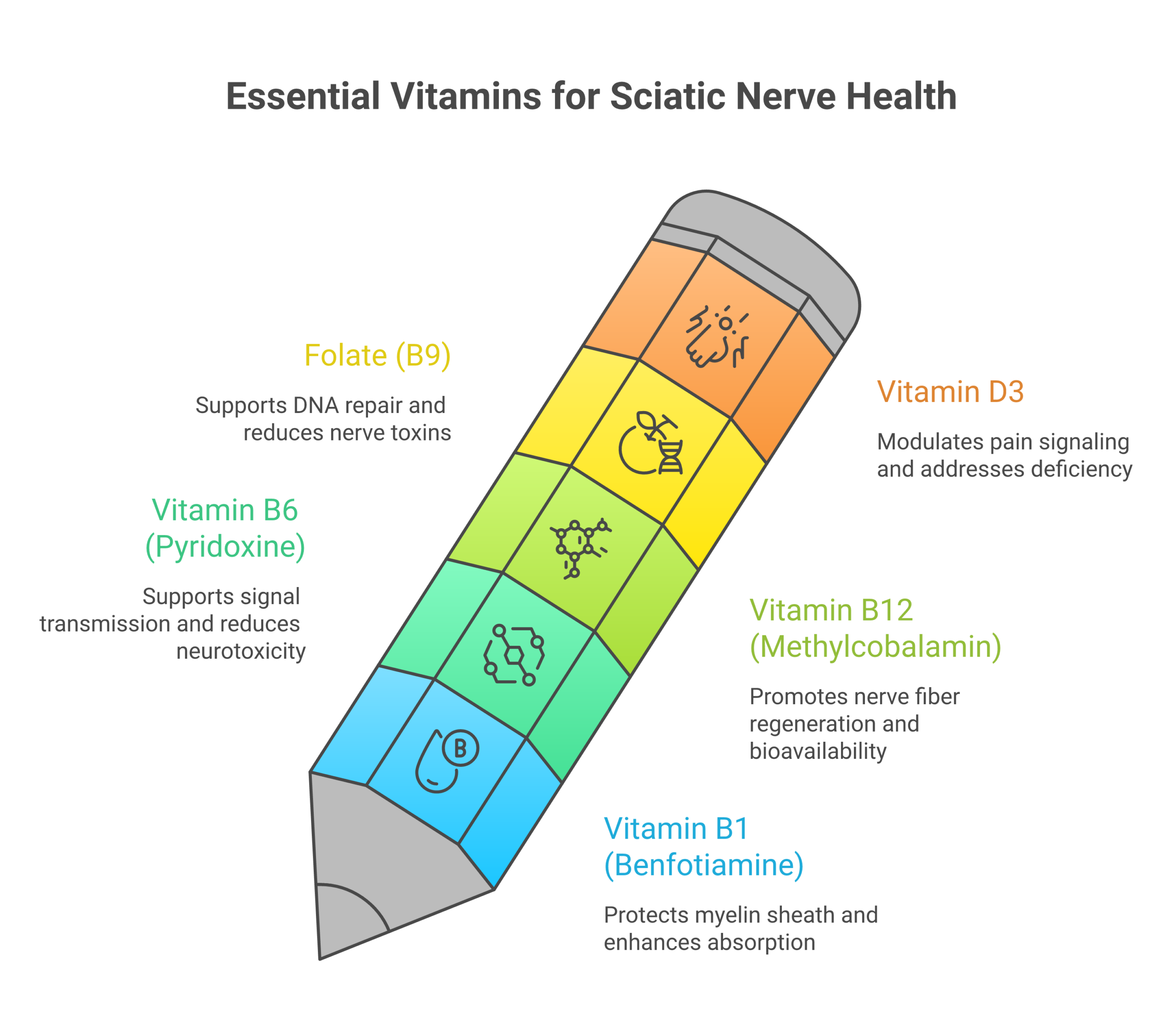 Infographic showing five essential vitamins for sciatic nerve health including B1 benfotiamine B6 B12 methylcobalamin folate and vitamin D3