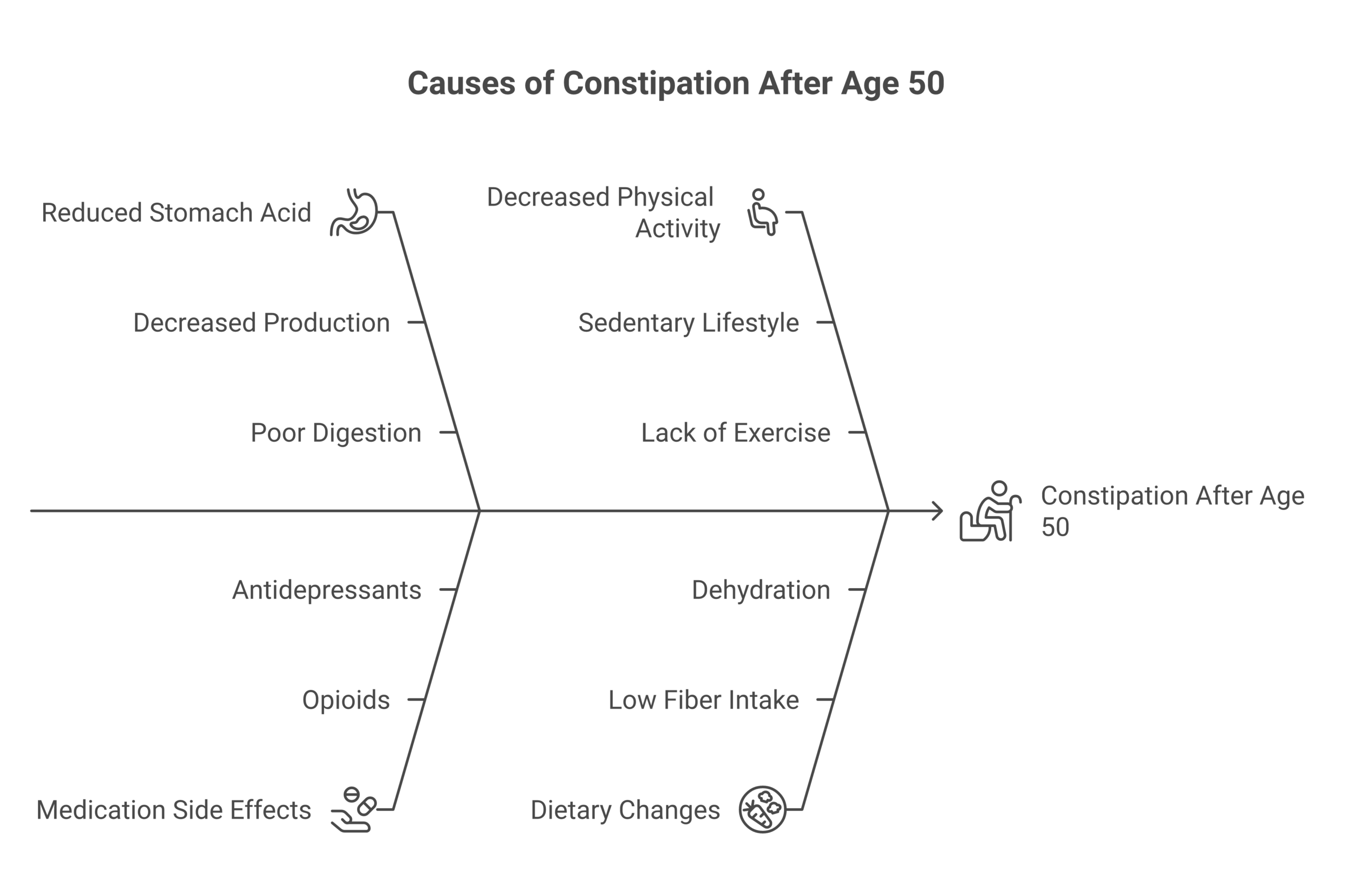 Constipation Causes, Symptoms, and Treatment Options Common causes of constipation in adults over 50 including medications and lifestyle factors