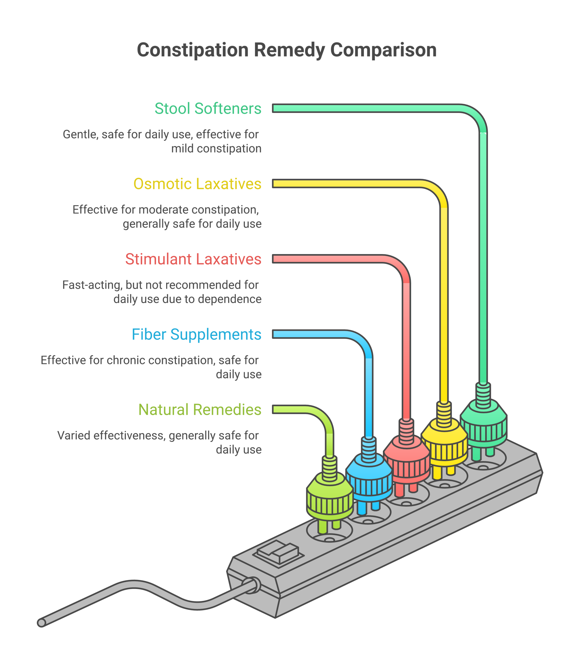 Comparison chart of five constipation remedy types with effectiveness timelines and safety ratings