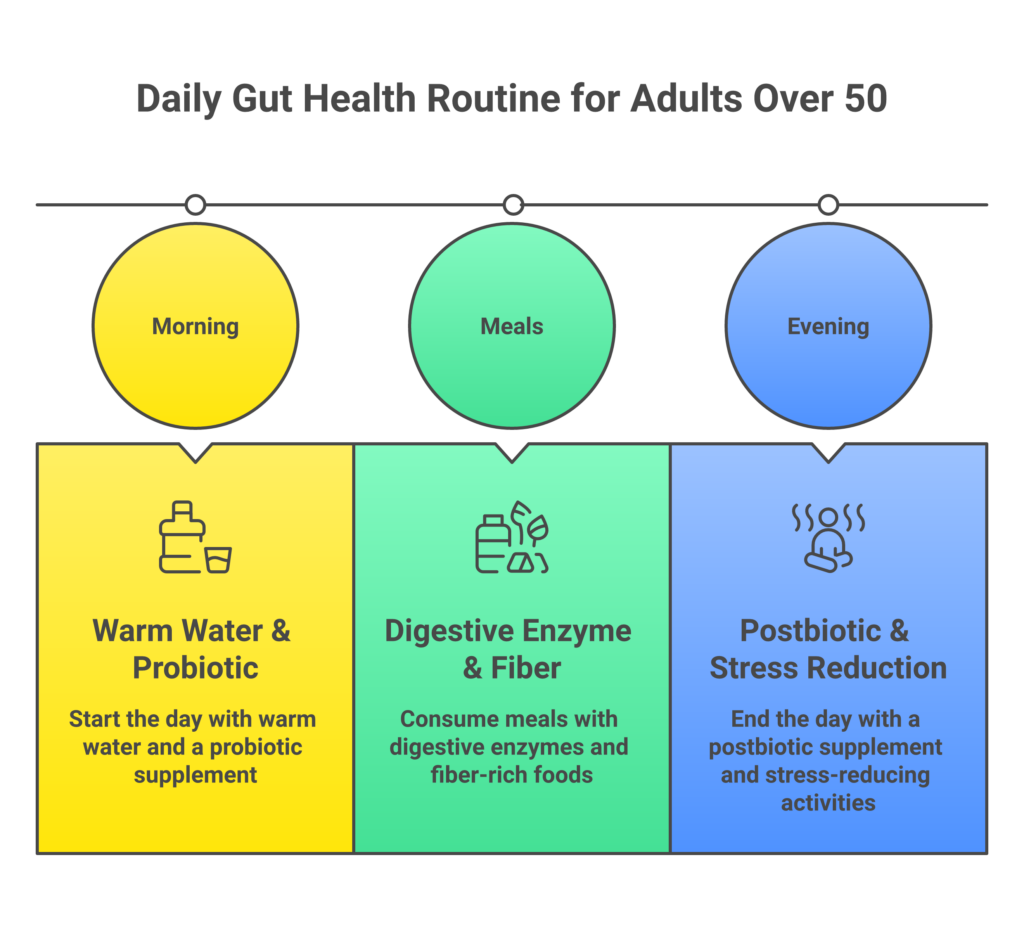 Daily gut health routine for adults over 50 with morning meals and evening schedule