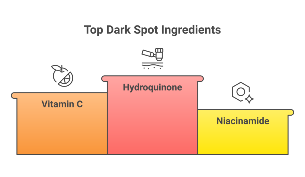 Comparison chart of 10 proven dark spot ingredients showing concentrations and mechanisms of action