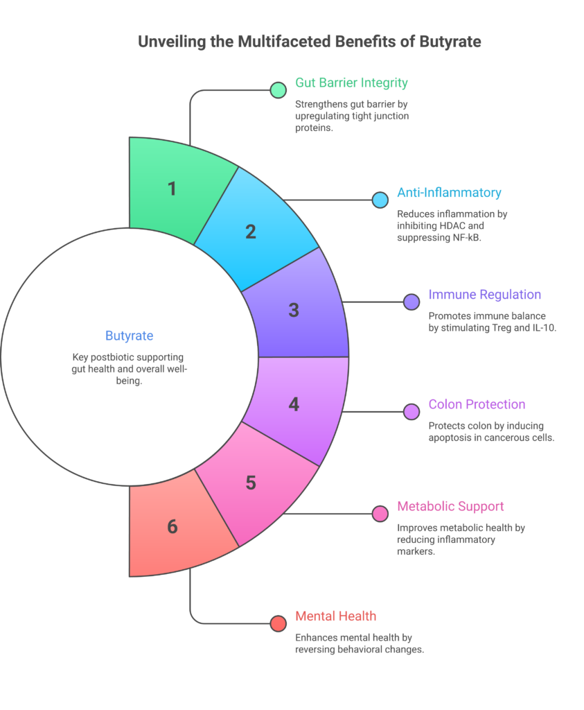 Why Postbiotics and Butyrate May Be Better Than Probiotics Infographic showing six key health benefits of butyrate including gut barrier integrity, anti-inflammatory action, immune regulation, colon protection, metabolic support, and mental health connections