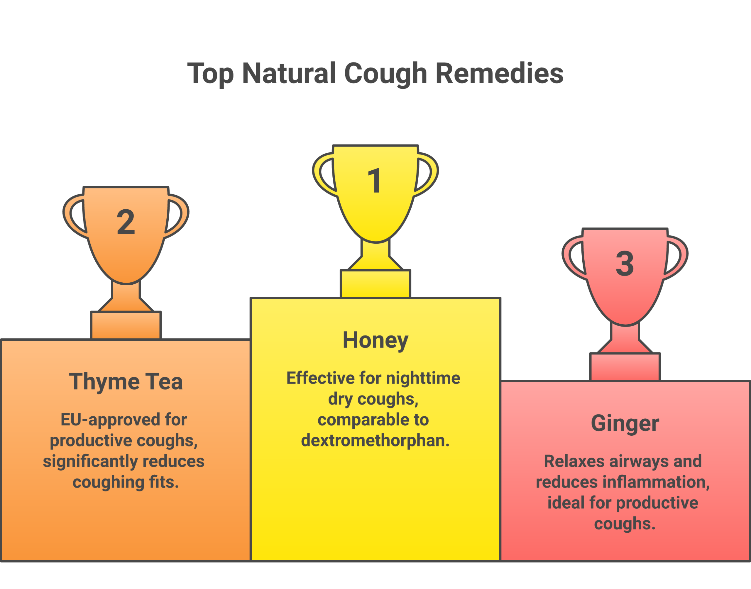Comparison chart of five natural cough remedies showing honey, thyme tea, ginger, marshmallow root, and peppermint with their clinical evidence and best uses