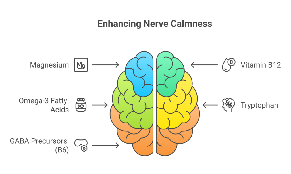 What Foods Are Good for Overactive Nerves? Infographic explaining 5 key nutrients for overactive nerves: magnesium, B12, omega-3, tryptophan, and GABA precursors