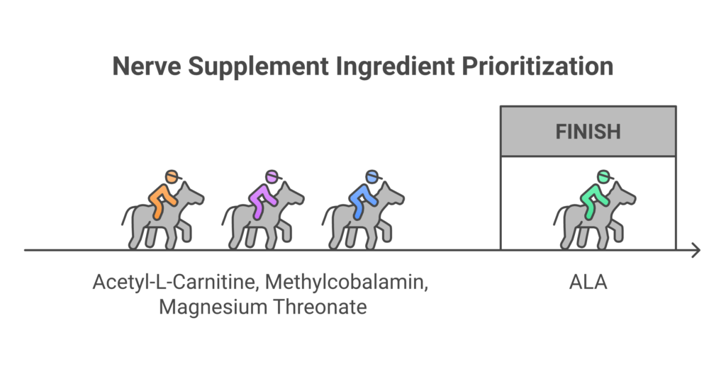 Infographic matching nerve supplement ingredients to specific conditions: diabetic neuropathy, CIPN, age-related, and prevention
