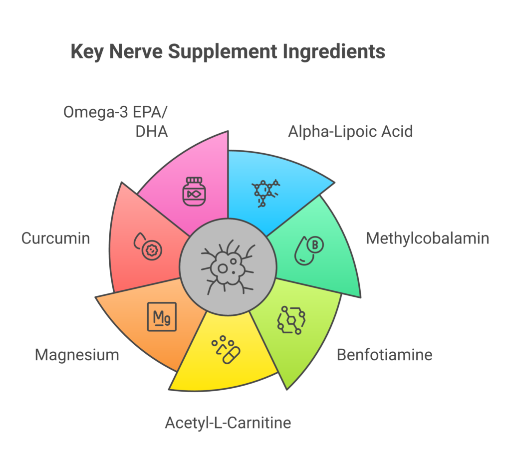 Infographic showing 7 nerve supplement ingredients with published research, from ALA to omega-3