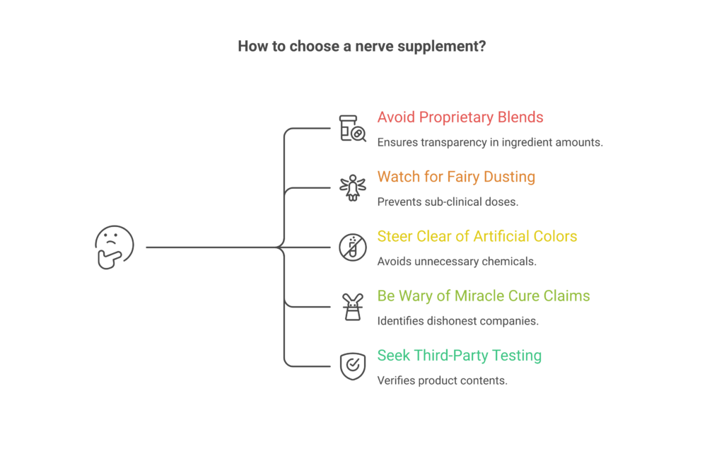 Infographic of 5 red flags to avoid when choosing a nerve supplement including proprietary blends and fairy dusting