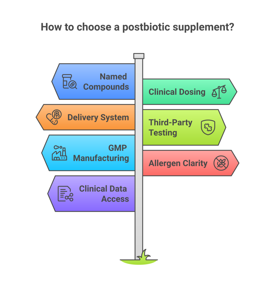 Seven-point quality checklist for evaluating postbiotic supplements with red flags to avoid