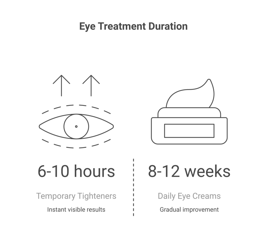 Comparison chart of temporary tighteners like Plexaderm versus daily eye creams versus professional treatments for under-eye bags with cost and timeline data