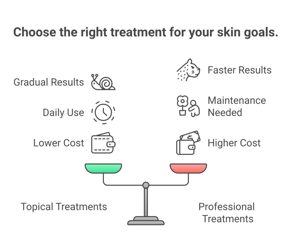 Comparison of topical skincare versus professional treatments for wrinkles by cost and timeline